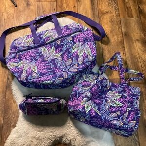 Vera Bradley Traveler Carry On Overnight Set Purple Print 3 Piece Floral Escape